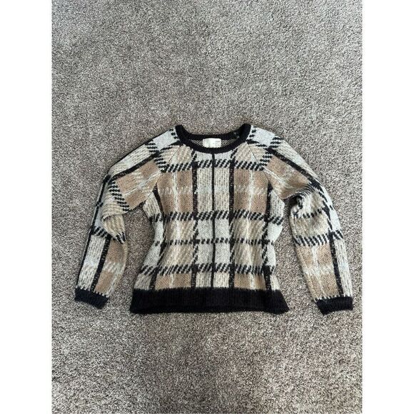 J.O.A. Natural Cozy Plaid Pullover Sweater Fuzzy Mohair Wool Checked Boxy Medium - Picture 5 of 13